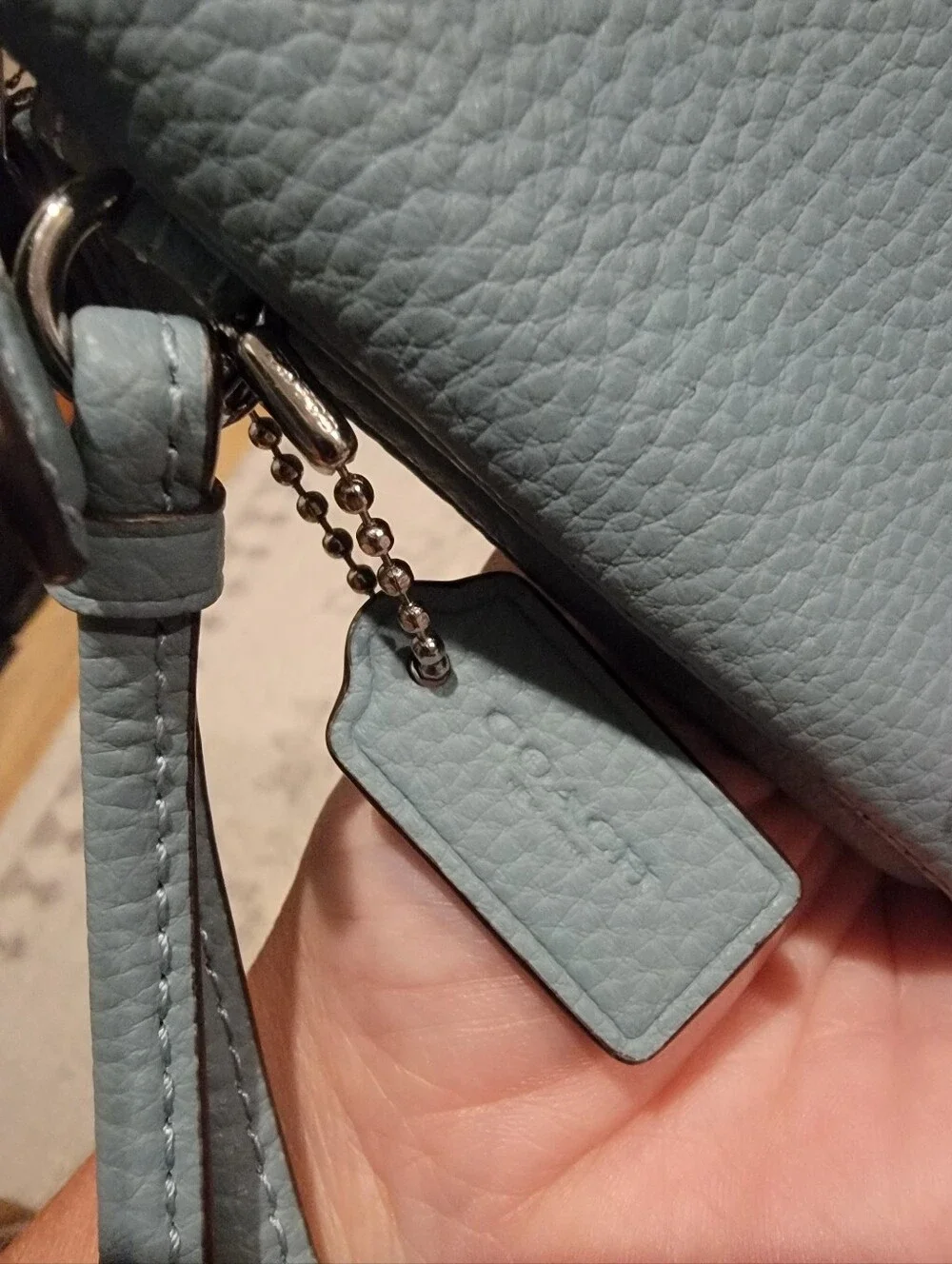 Coach Dusty Blue Pebbled Leather Double Corner Zip Wristlet Card Holder